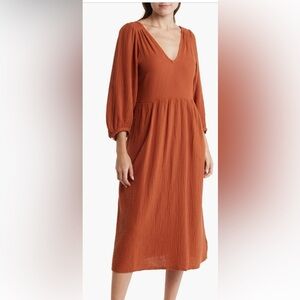 Madewell Orange Smocked Maxi Dress with Bishop Sleeves
